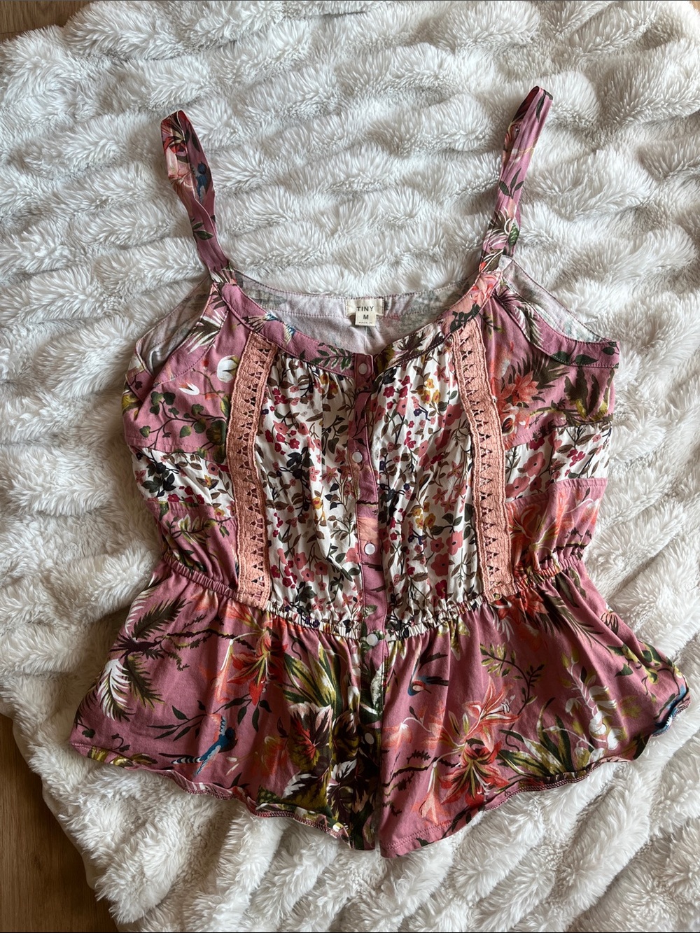 Anthropologie Pink Floral Button-Front Peplum Camisole